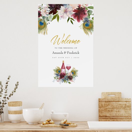 Burgundy en Navy Peacock Wine met gemarteld huweli Poster (Keuken)