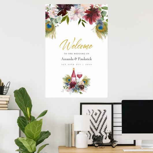 Burgundy en Navy Peacock Wine met gemarteld huweli Poster (Thuiskantoor)