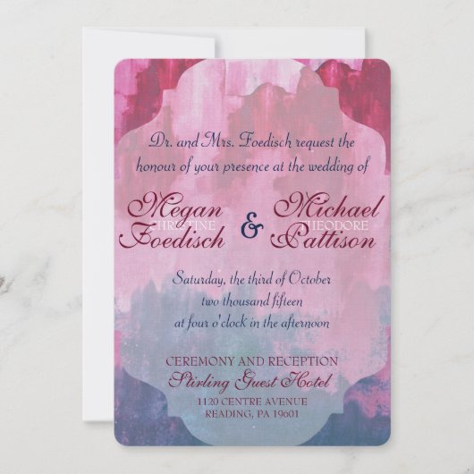 Burgundy en Navy Waterverf Wedding Invitation Kaart (Voorkant)