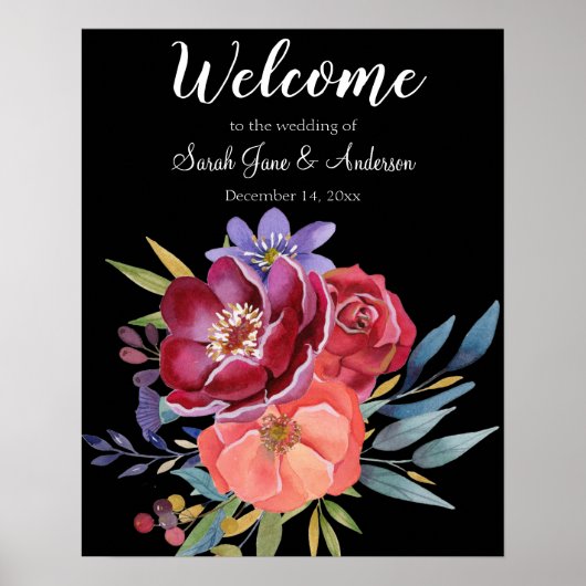 Burgundy en Paarse Floral Weddenschap - Zwart Poster (Voorkant)