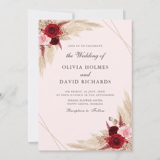 Burgundy en Pampas Grass Wedding Invitation Kaart (Voorkant)