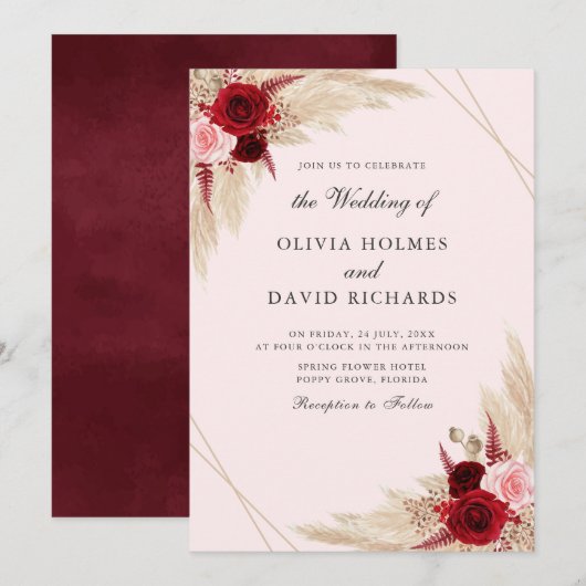 Burgundy en Pampas Grass Wedding Invitation Kaart (Voorkant / Achterkant)