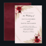 Burgundy en Pampas Grass Wedding Invitation Kaart<br><div class="desc">Deze uitnodigende trouwuitnodiging combineert natuurlijke elementen met elegantie met een prachtige bouquet van onbeschoten rozen en pampasgras. Het rustic gevoel wordt gehandhaafd door de decoratieve stijl, terwijl de elegante doopvont de opgeheven toon houdt. De volledig klantgerichte tekst is duidelijk en beknopt, die alle belangrijke details, met inbegrip van de trouwdatum,...</div>