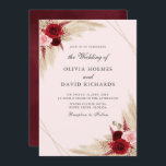 Burgundy en Pampas Grass Wedding Invitation Kaart<br><div class="desc">Deze uitnodigende trouwuitnodiging combineert natuurlijke elementen met elegantie met een prachtige bouquet van onbeschoten rozen en pampasgras. Het rustic gevoel wordt gehandhaafd door de decoratieve stijl, terwijl de elegante doopvont de opgeheven toon houdt. De volledig klantgerichte tekst is duidelijk en beknopt, die alle belangrijke details, met inbegrip van de trouwdatum,...</div>