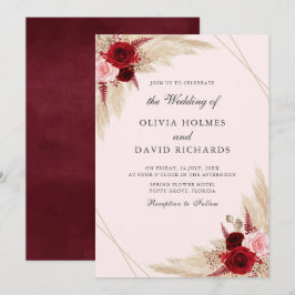 Burgundy en Pampas Grass Wedding Invitation Kaart