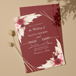 Burgundy en Pampas Grass Wedding Invitation Kaart