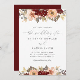 Burgundy en Peach Floral Greenery Wedding Kaart