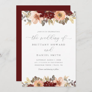 Burgundy en Peach Floral Greenery Wedding Kaart