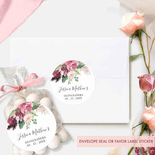 Burgundy en Pink Floral Envelope Seal/Favor Ronde Sticker