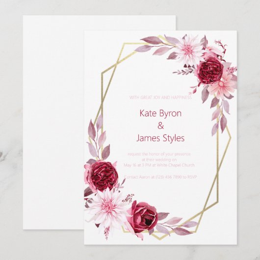 Burgundy en Pink Floral Wedding Invitation Kaart (Voorkant / Achterkant)
