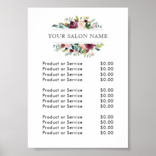 Burgundy en Roze Aquarel Bloemen Prijslijst Poster