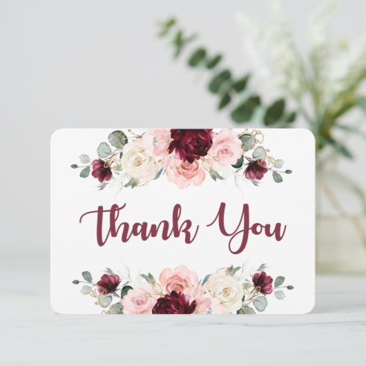 Burgundy en roze floral Dank u wel! Bedankkaart (Staand voorkant)