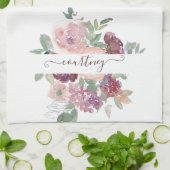 Burgundy en roze waterverf bloemstuk gepersonalise theedoek (Gevouwen)