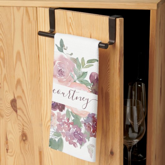 Burgundy en roze waterverf bloemstuk gepersonalise theedoek (Derde Gevouwen)