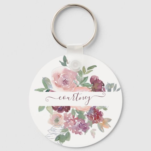 Burgundy en roze waterverf, gepersonaliseerd sleutelhanger (Voorkant)