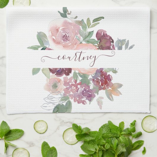 Burgundy en roze waterverf, gepersonaliseerd theedoek (Gevouwen)