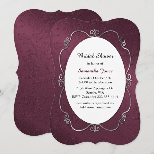 Burgundy en Silver Bridal Shower Invitation Kaart (Voorkant / Achterkant)