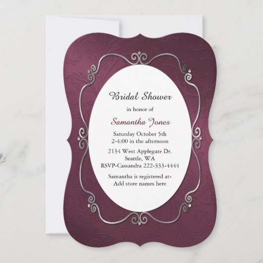 Burgundy en Silver Bridal Shower Invitation Kaart (Voorkant)