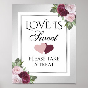 Burgundy en Silver Floral Love is Sweet Wedding Poster