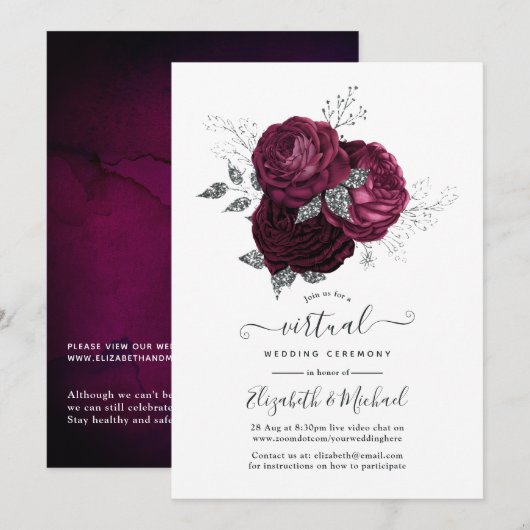 Burgundy en Silver Floral Online Virtual Wedding Kaart (Voorkant / Achterkant)