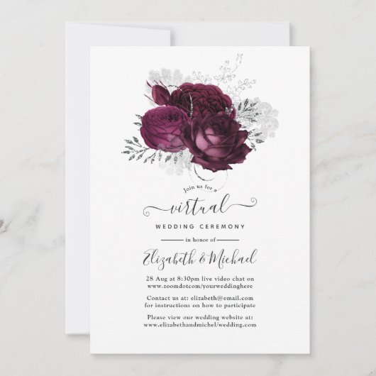 Burgundy en Silver Floral Virtual Wedding Kaart (Voorkant)