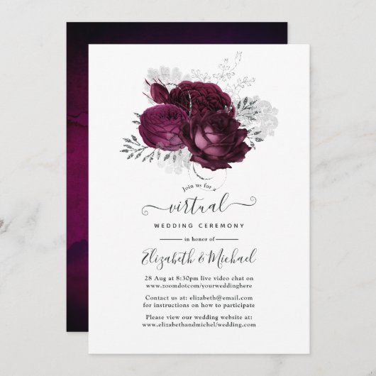 Burgundy en Silver Floral Virtual Wedding Kaart (Voorkant / Achterkant)