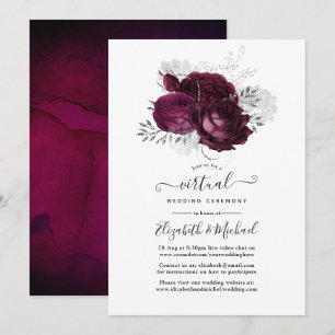 Burgundy en Silver Floral Virtual Wedding Kaart