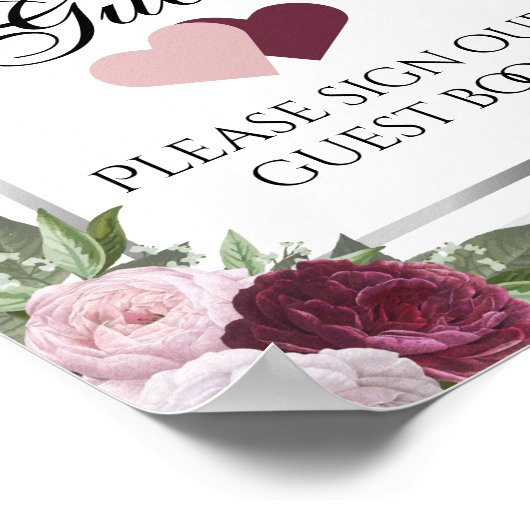 Burgundy en Silver Floral Wedding Guest Book Sign Poster (Hoek)