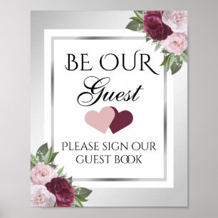Burgundy en Silver Floral Wedding Guest Book Sign Poster