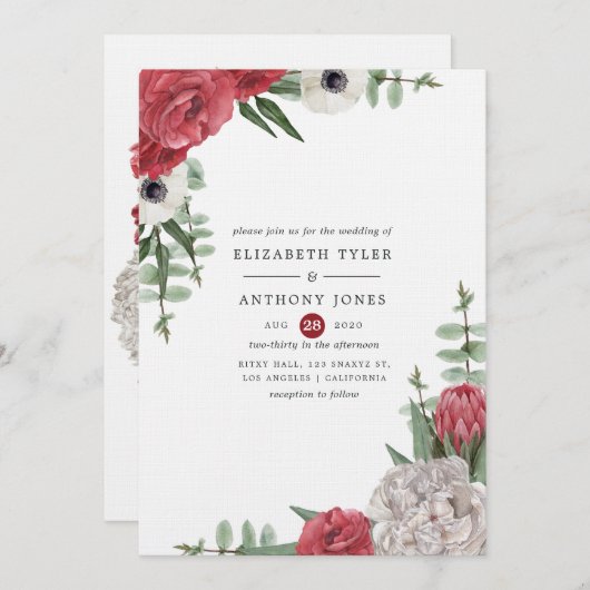 Burgundy en White Floral Wedding Kaart (Voorkant / Achterkant)