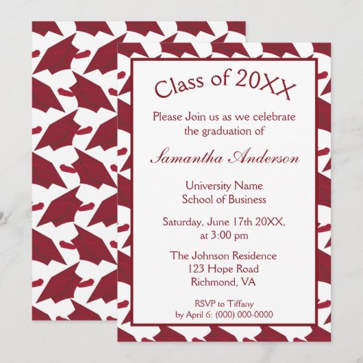 Burgundy en White Graduation Party Kaart (Voorkant / Achterkant)