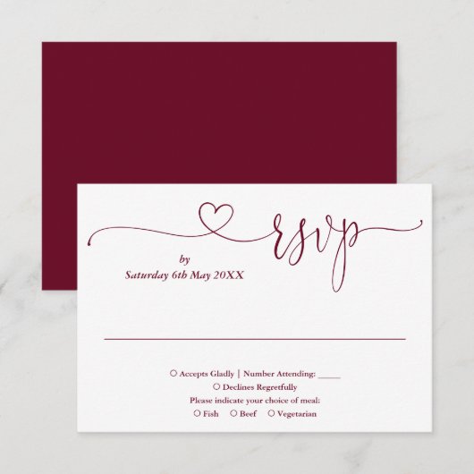 Burgundy En Witte Script Hart RSVP Kaart (Voorkant / Achterkant)