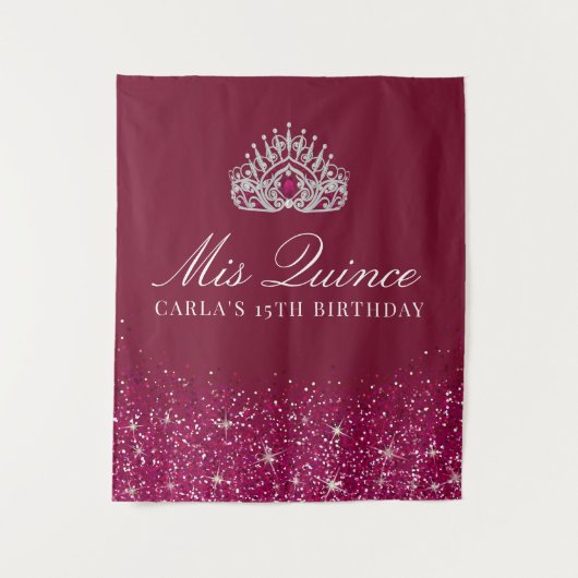 Burgundy en Zilver Glitter | Quinceanera Achtergro Wandkleed (Voorkant)