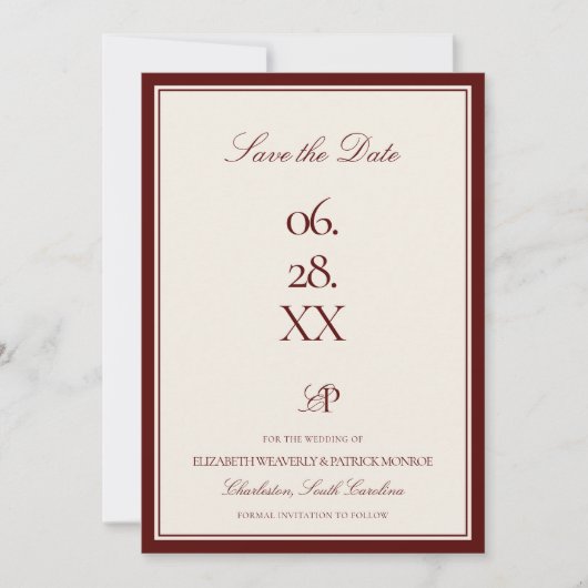 Burgundy Estate Formal Modern Statement Wedding Save The Date (Voorkant)