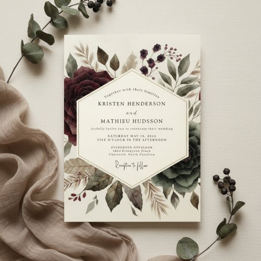 Burgundy Ethereal Bloom Wedding Kaart