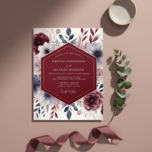 Burgundy Ethereal Flourish Wedding Kaart
