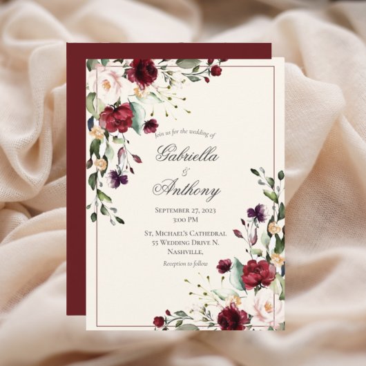 Burgundy Eucalyptus Floral Scalloped Wedding Kaart