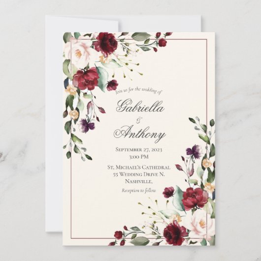 Burgundy Eucalyptus Floral Wedding Kaart (Voorkant)
