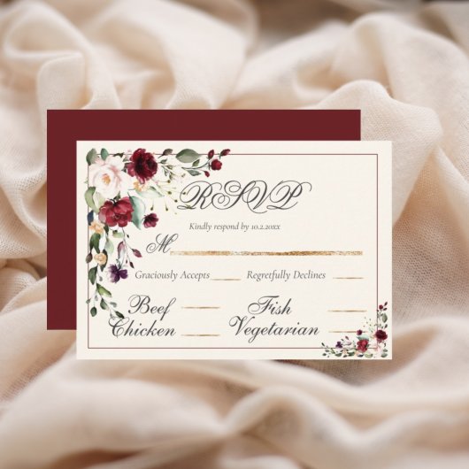 Burgundy Eucalyptus Floral Wedding RSVP Kaart