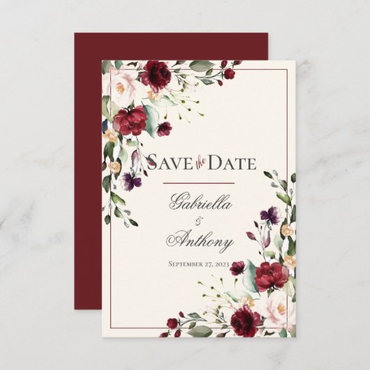 Burgundy Eucalyptus Floral Wedding Save the Date (Voorkant / Achterkant)