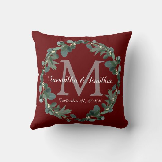 Burgundy Eucalyptus Monogram Weddenschap Kussen (Achterkant)