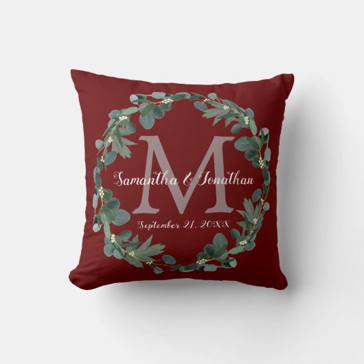 Burgundy Eucalyptus Monogram Weddenschap Kussen (Voorkant)
