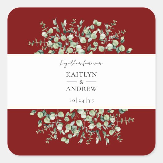 Burgundy Eucalyptus Together Forever Wedding  Vierkante Sticker (Voorkant)