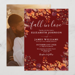 Burgundy Fall In Love Autumn Floral Photo Wedding Kaart