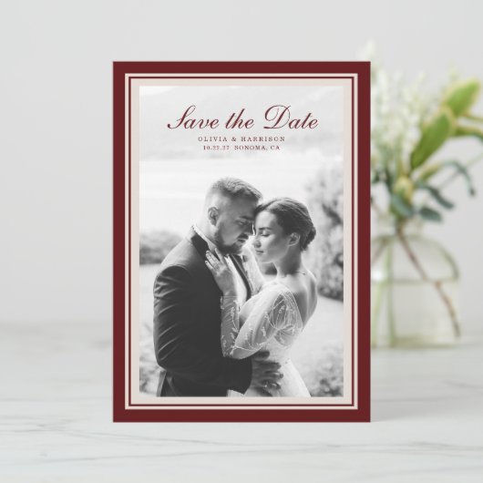 Burgundy Fall Photo Save the Date Card Kaart (Staand voorkant)