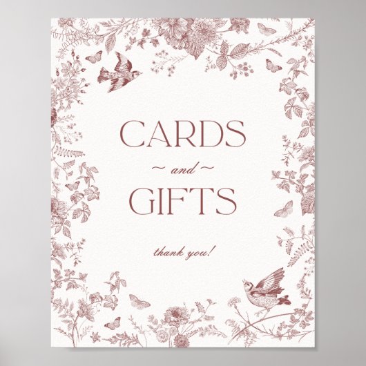 Burgundy Fall Toile De Jouy Bloemkaarten Cadeaus Poster (Voorkant)