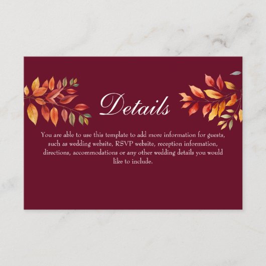 Burgundy Fall Wedding Details Informatiekaartje (Voorkant)