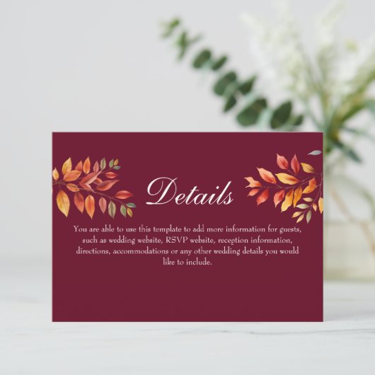 Burgundy Fall Wedding Details Informatiekaartje (Staand voorkant)