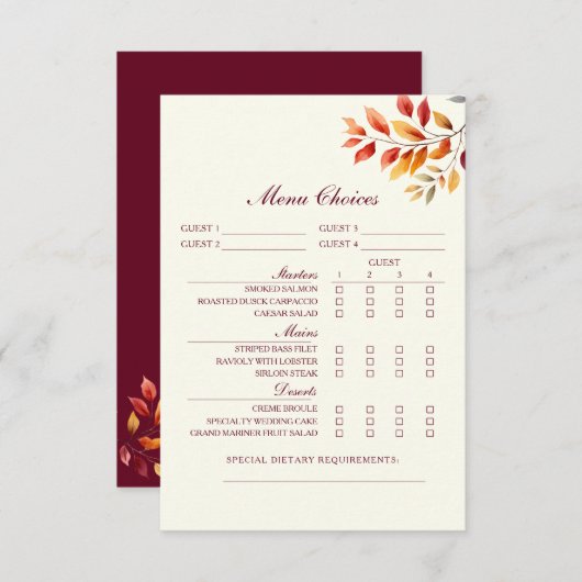 Burgundy Fall Wedding Menu Choice Card (Voorkant / Achterkant)