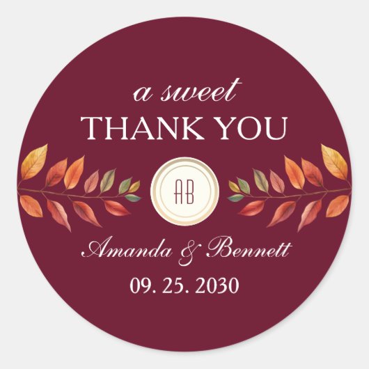 Burgundy Fall Wedding Thank You Ronde Sticker (Voorkant)